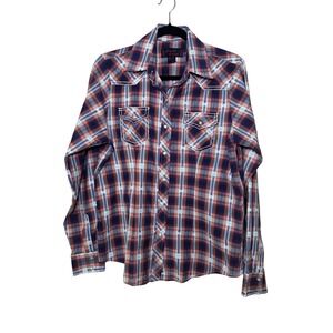 Cowgirl Legend Rodeo Western Snap Shirt L‎ Multicolor Plaid Embroidered Cowgirl